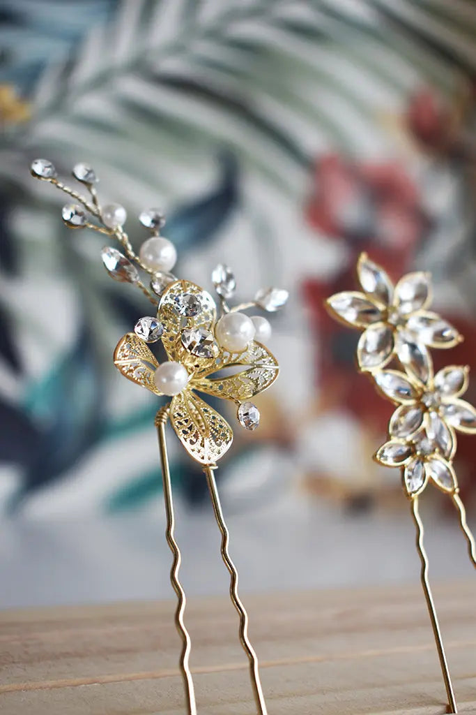 PINGLE CHEVEUX MARIÉE DORÉE FLEURS & CRISTAUX—  HA225422 ÉGLANTINE CRÉATIONS