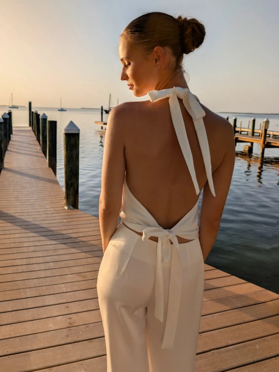 Pantalon de mariée Olivine T9, dos nu noué du top