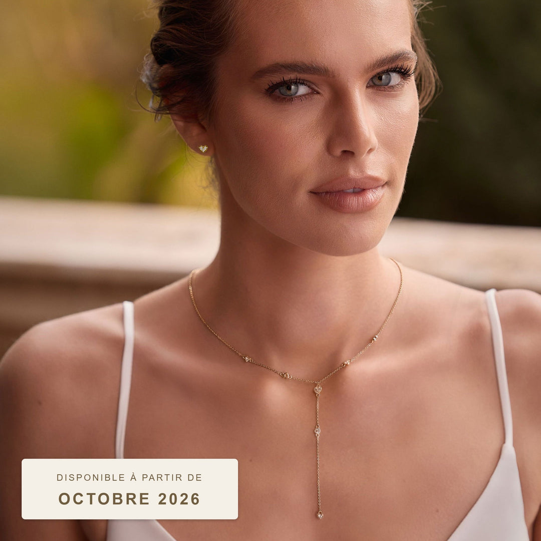 Parure de mariée N57, collier long à motif cœur orné de strass et boucles d'oreilles, plaqué or, disponible à partir d'octobre 2026