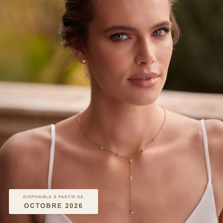 Parure de mariée N57, collier long à motif cœur orné de strass et boucles d'oreilles, plaqué or, disponible à partir d'octobre 2026