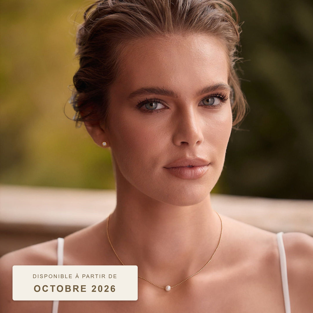 Parure de mariée N58, collier et boucles d'oreilles perle minimaliste, plaqué or, disponible à partir d'octobre 2026