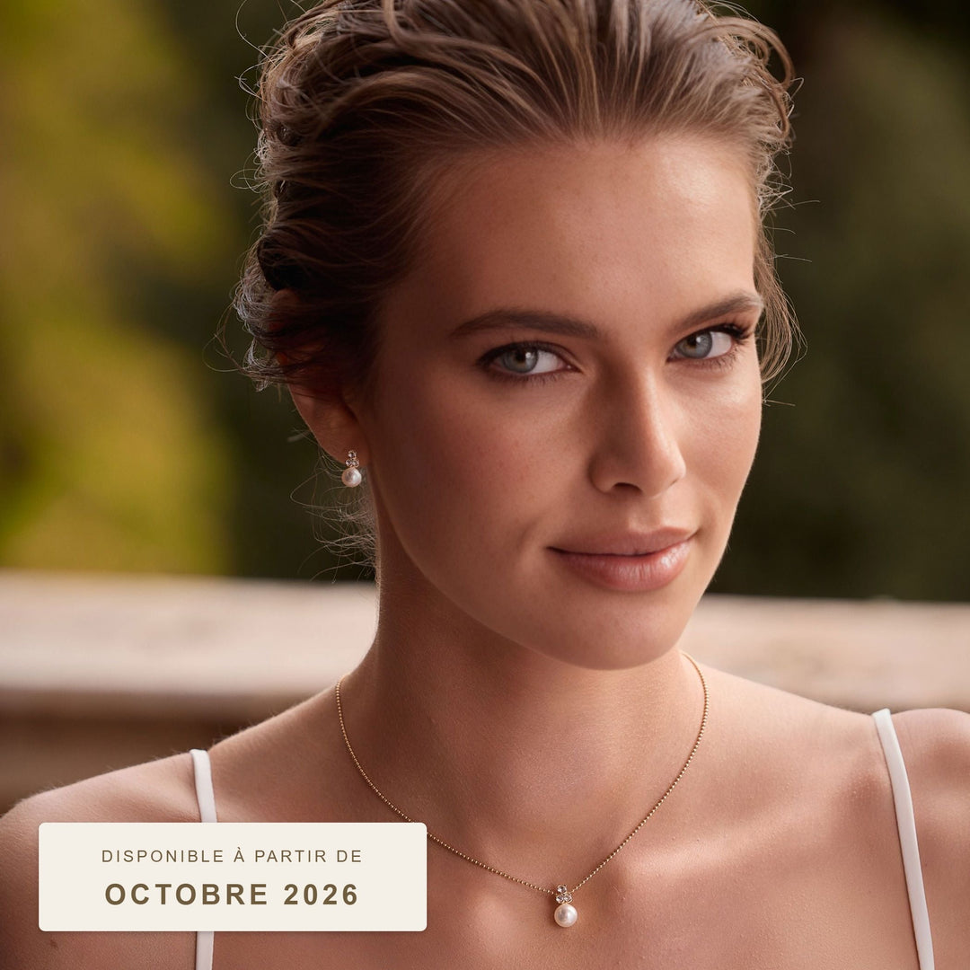 Parure de mariée N59, collier et boucles d'oreilles perle et strass, plaqué or, disponible à partir d'octobre 2026