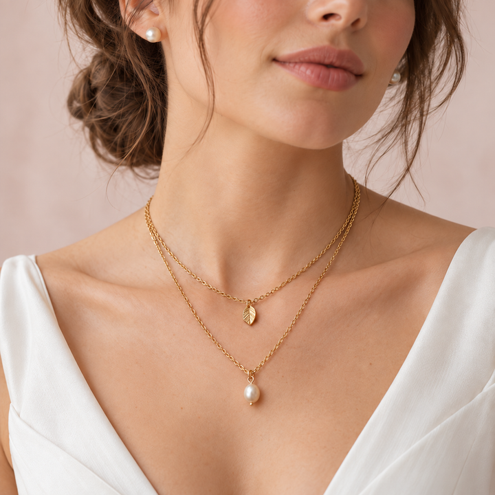 Parure de mariée NS1157 – double chaîne et perle nacrée Eglantine Créations