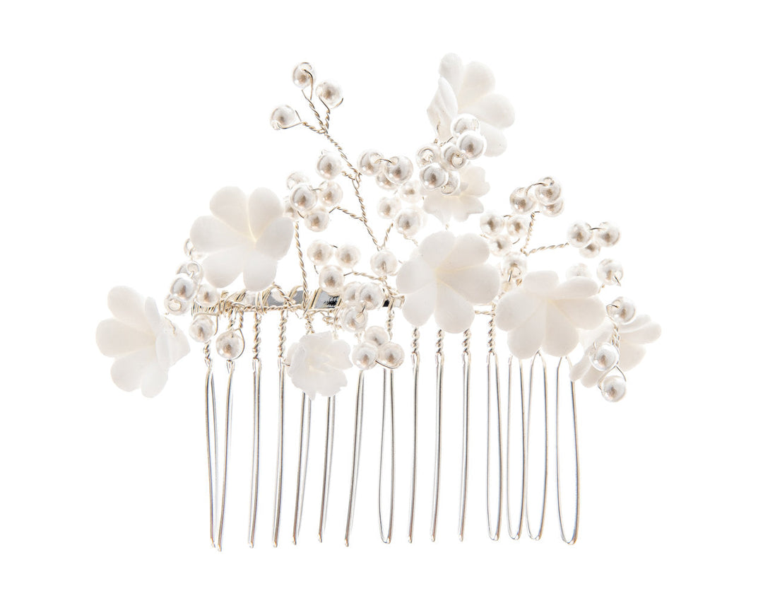 Peigne de mariée HC1025 – fleurs blanches et perles, argent G.Westerleigh