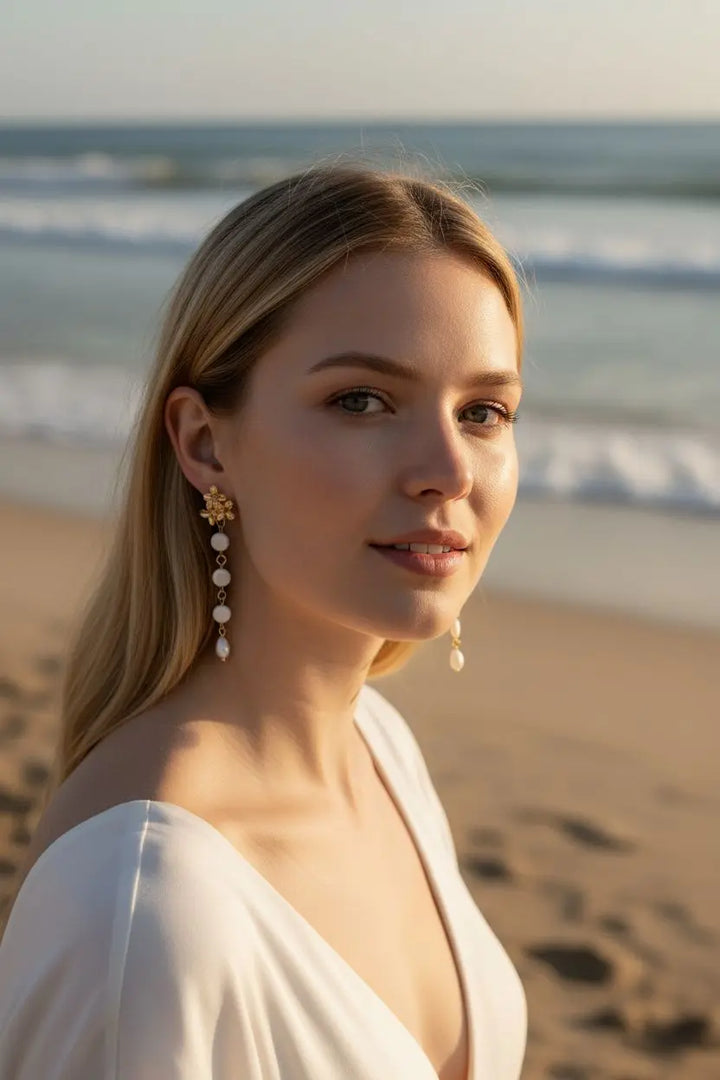 Pendantes mariée- palets et gouttes en nacre naturelle. : Doré L'atelier du 6