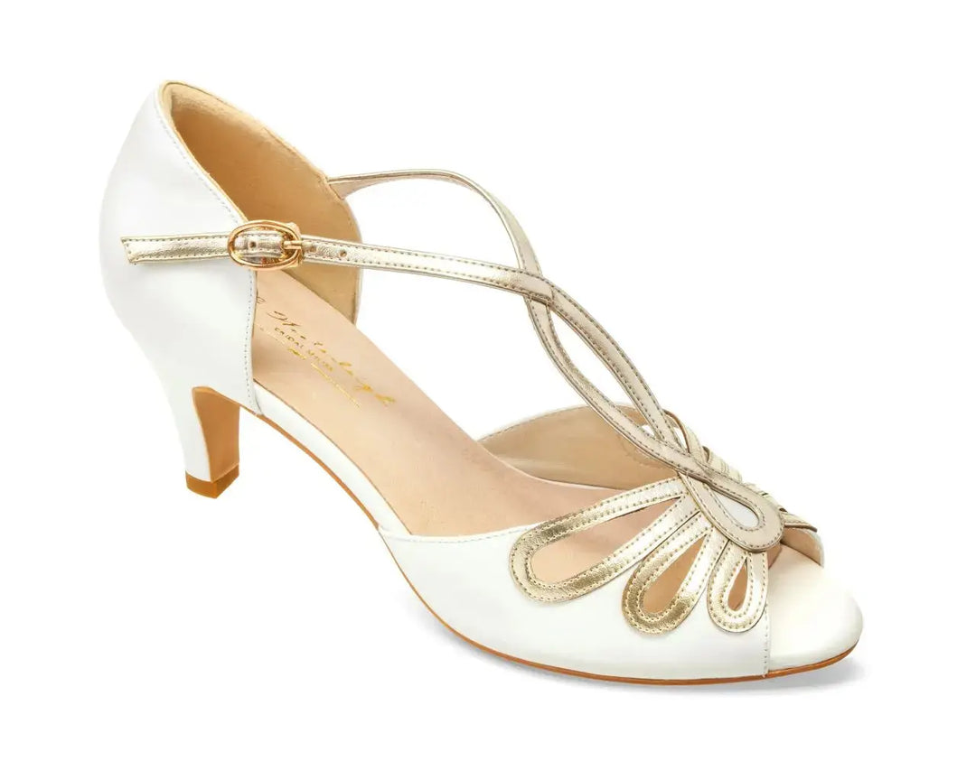 SANDALES DE MARIÉE JANINE – CUIR IVOIRE ET BRIDES DORÉES AU DÉCOUPAGE LASER G.Westerleigh
