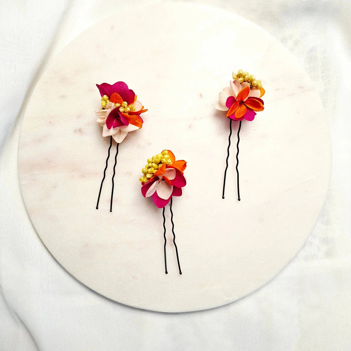 Set de 3 pics fleurs stabilisées- couleurs vibrantes. L'atelier du 6