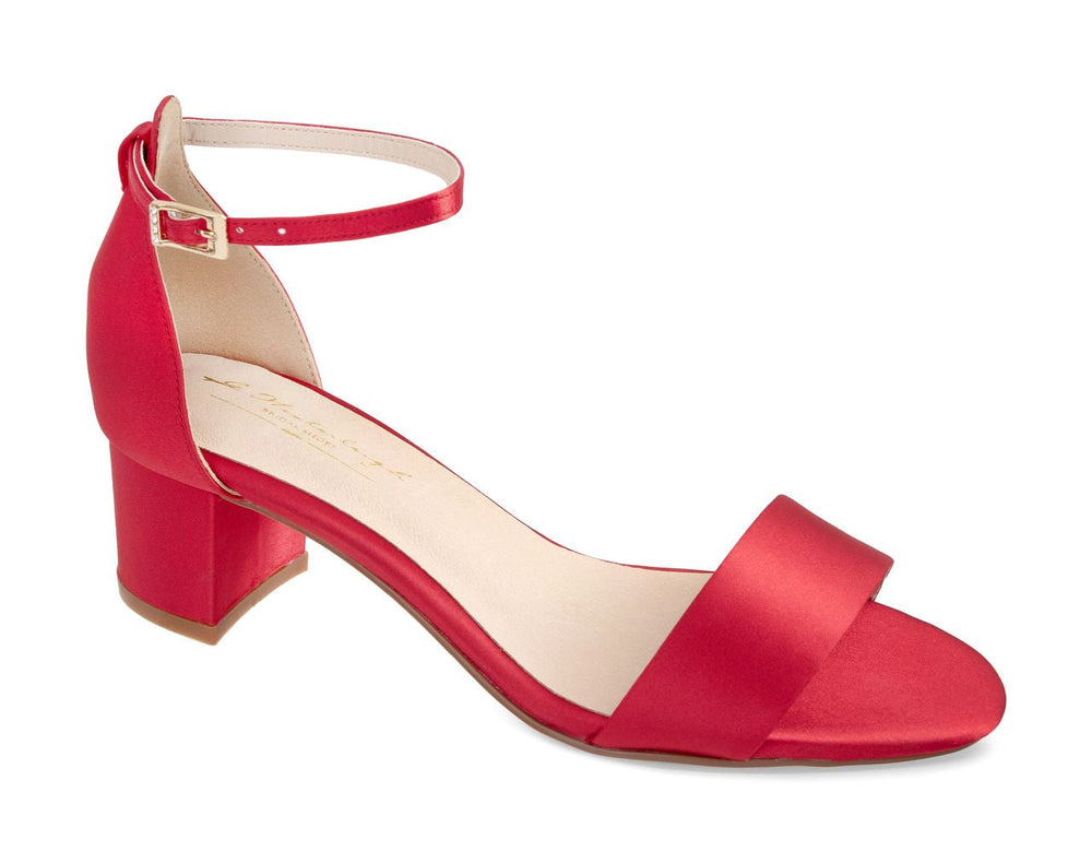 Sandale de mariée Rella en satin rouge, talon bloc et bride cheville