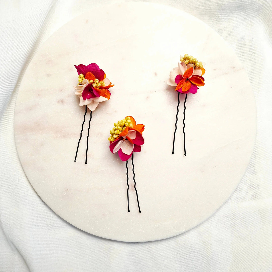 Set de 3 pics fleurs stabilisées- couleurs vibrantes. L'atelier du 6