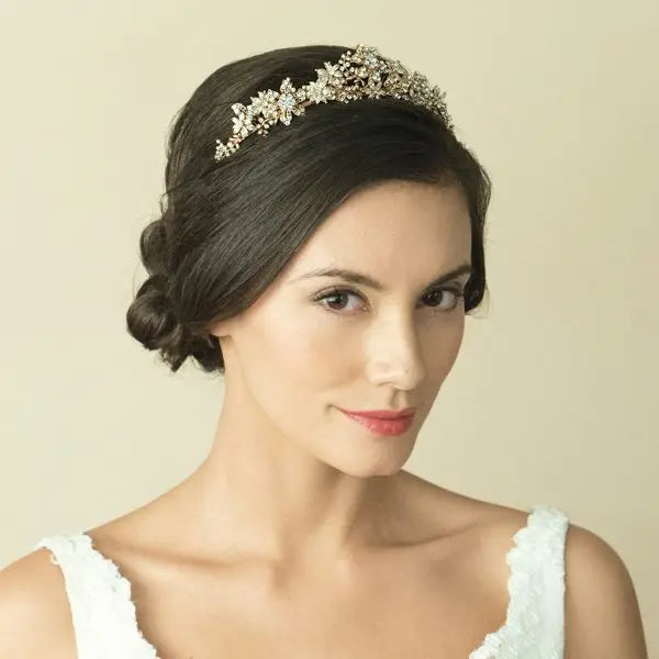 TIARE MARIAGE GOLDUST – OR 14 CARATS, FLEURS ÉMAILLÉES & CRISTAUX Ivory and co