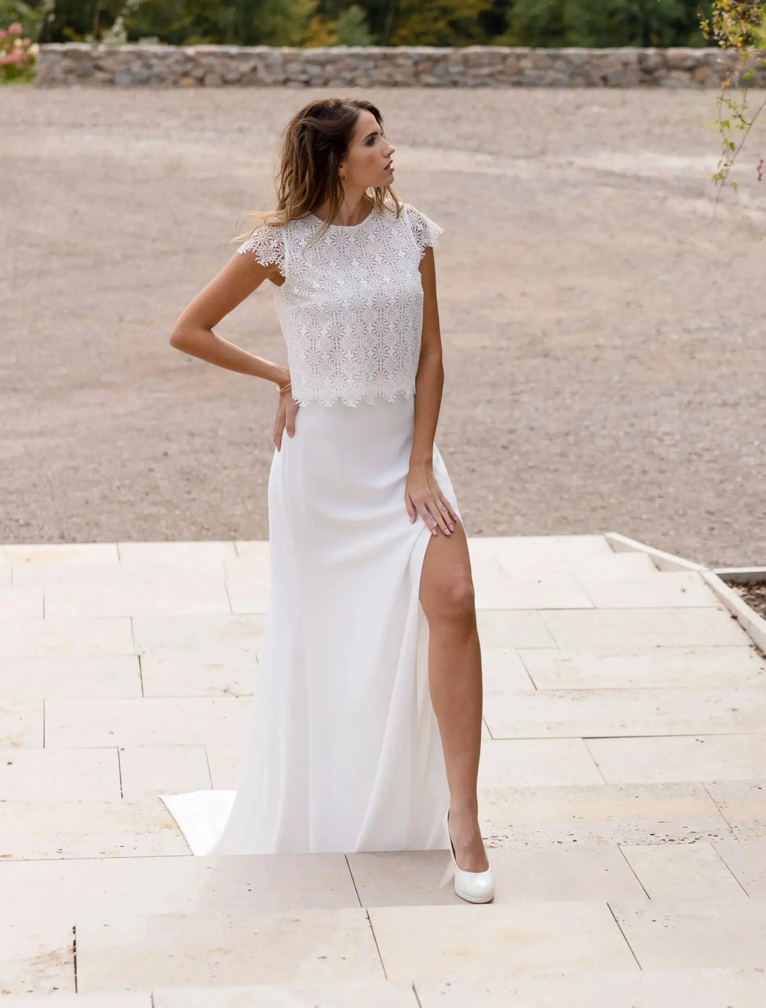 TOBAGO – JUPE MARIÉE CRÊPE FENTE & TRAÎNE – SD49 Novias