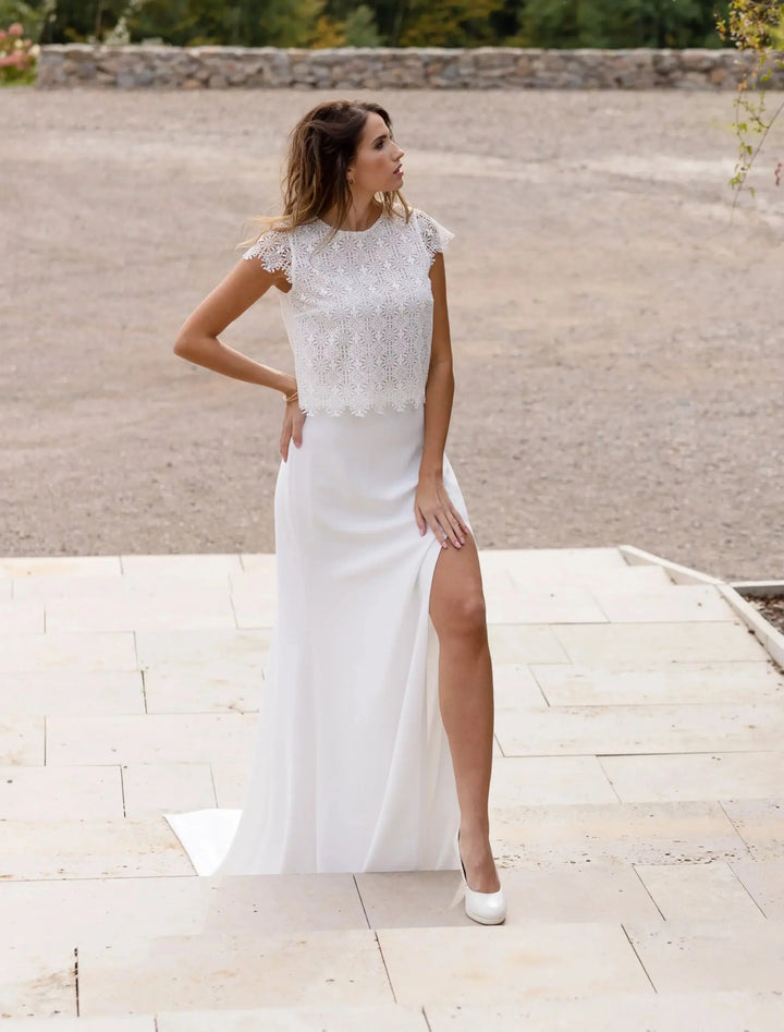 TOBAGO – JUPE MARIÉE CRÊPE FENTE & TRAÎNE – SD49 Novias