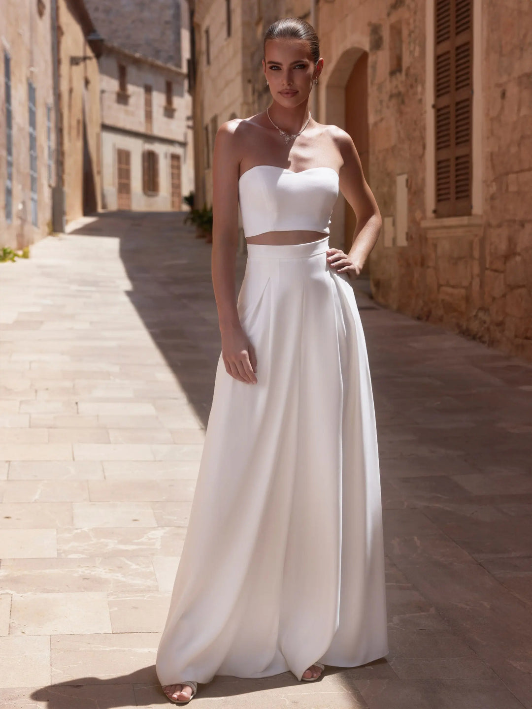 TOP DE MARIÉE E469 EN GEORGETTE – BUSTIER COURT AU DÉCOLLETÉ CŒUR Bianco Evento