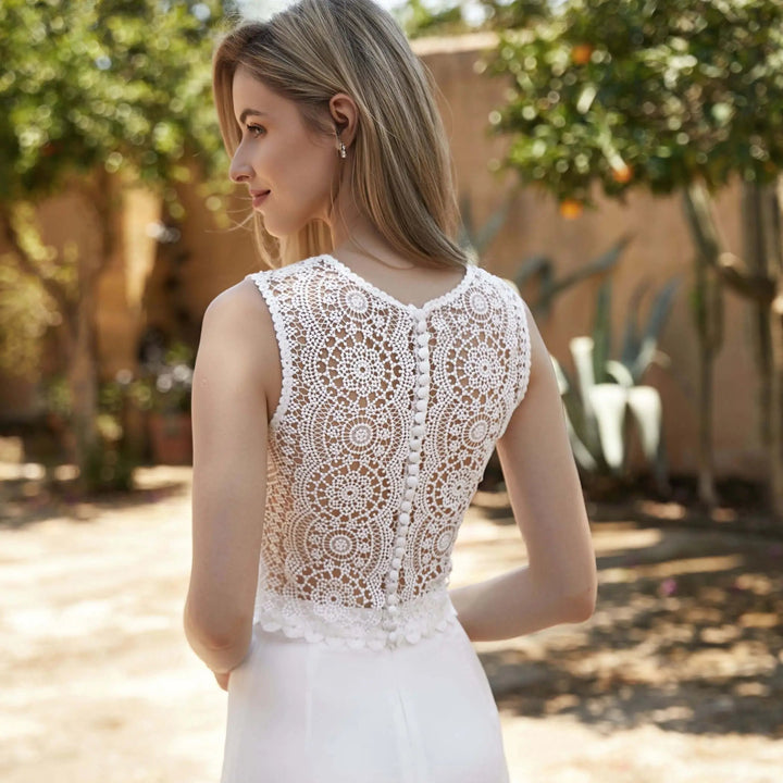 TOP DE MARIÉE BOHO EN GUIPURE SANS MANCHES E409 Bianco Evento