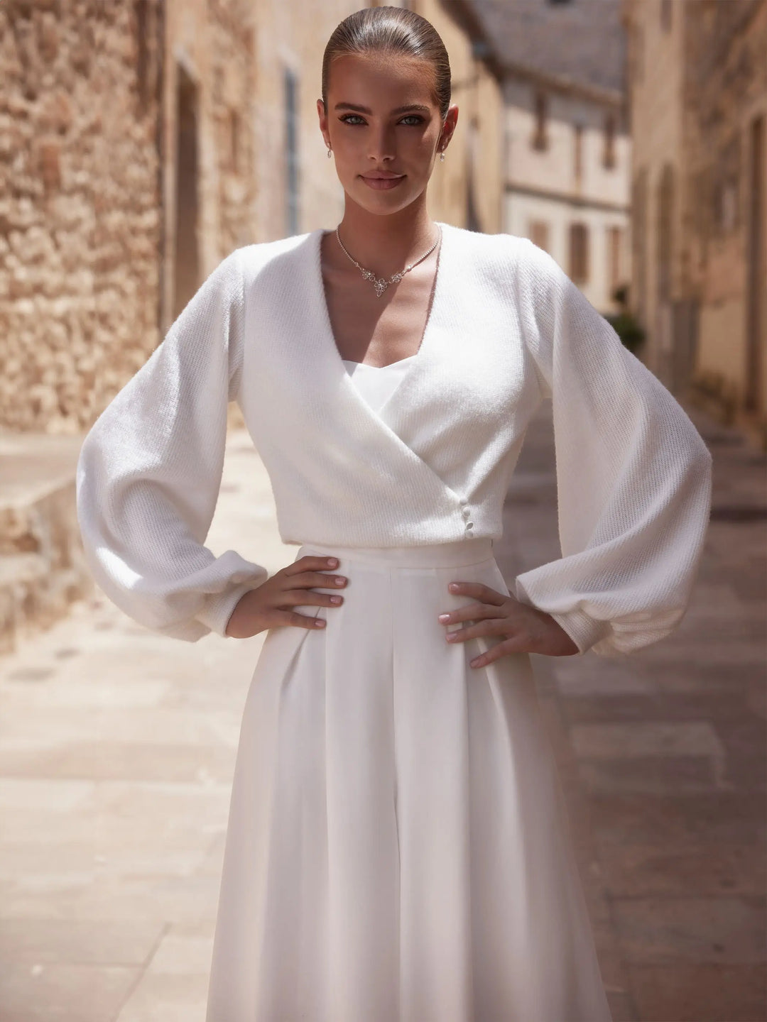 TOP MARIÉE EFFET CACHEMIRE MANCHES BOUFFANTES E476 Bianco Evento