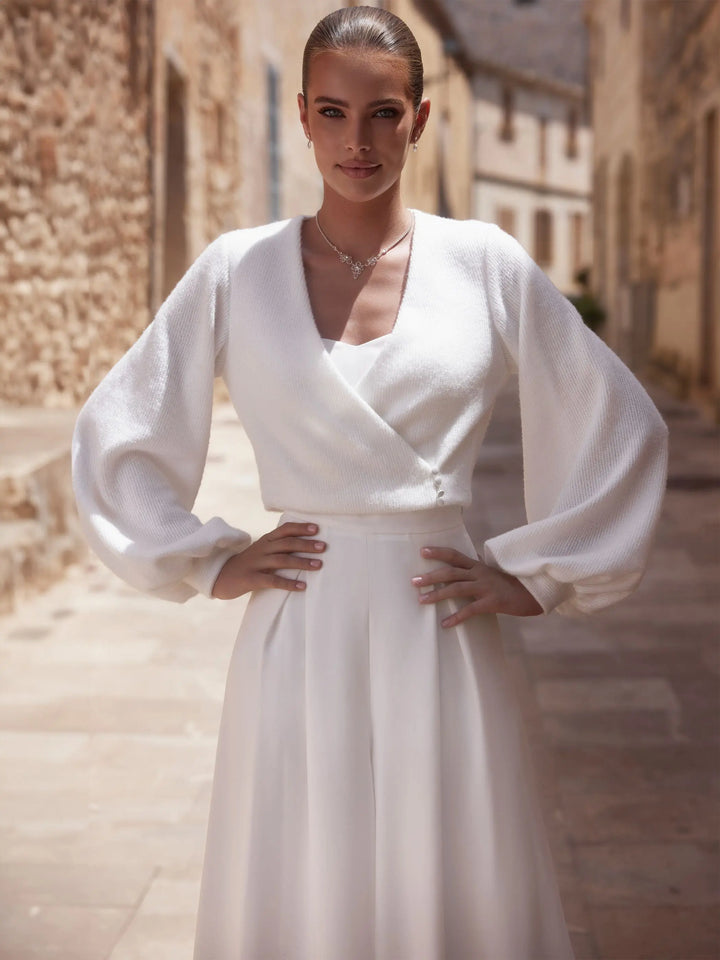 TOP MARIÉE EFFET CACHEMIRE MANCHES BOUFFANTES E476 Bianco Evento
