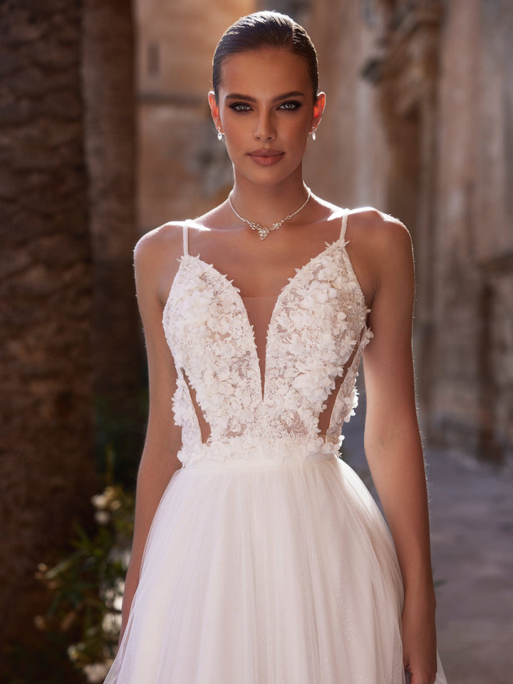 Top bustier de mariée E482 en tulle et dentelle ivoire à décolleté en cœur, Bianco Evento