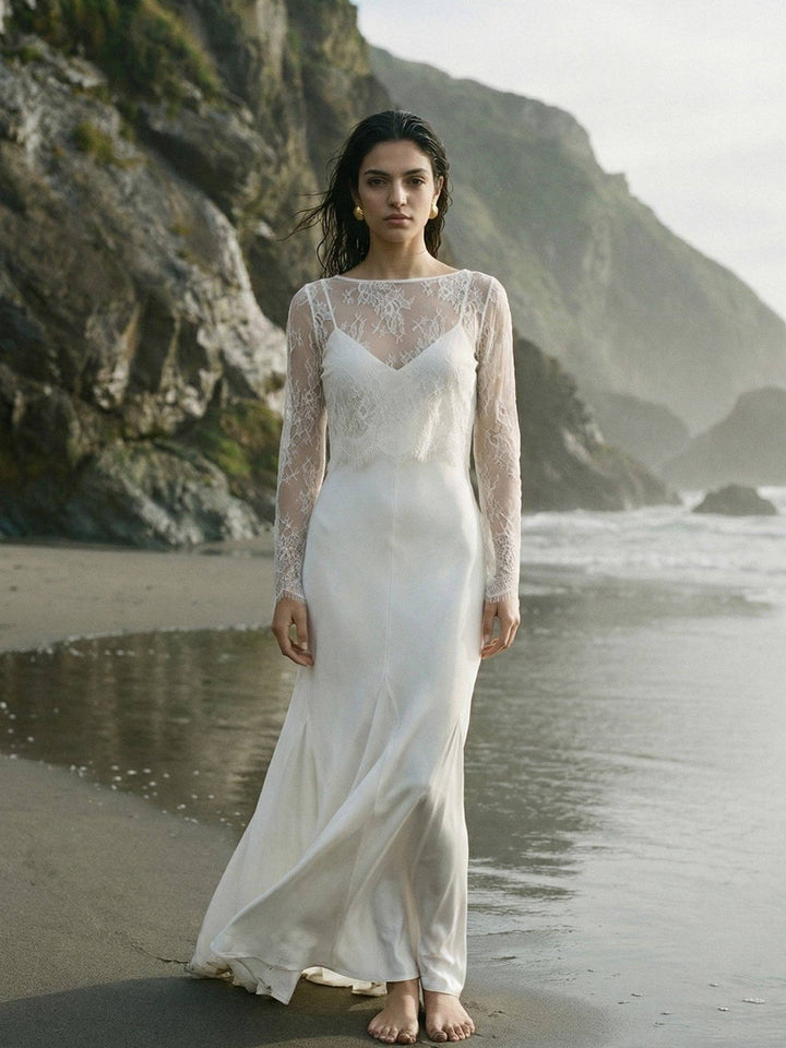 Détail de la dentelle blanche à bords en cils du top de mariée