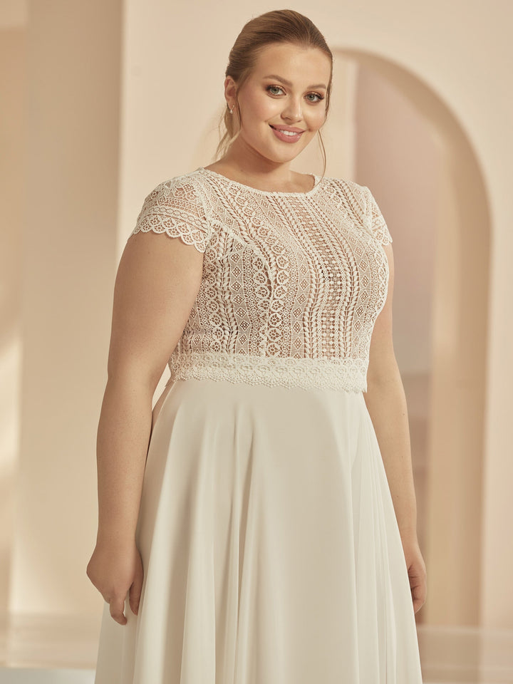 Top de mariée E324 dentelle ivoire manches courtes détail Bianco Evento