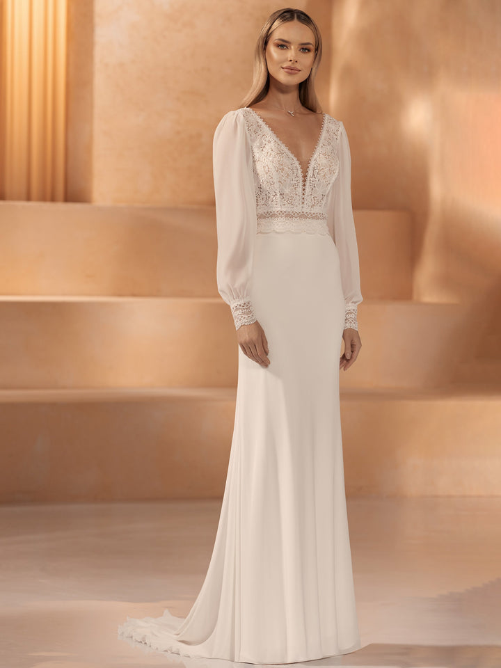 TOP DE MARIÉE E425 EN DENTELLE ET MOUSSELINE IVOIRE – MANCHES LONGUES Bianco Evento