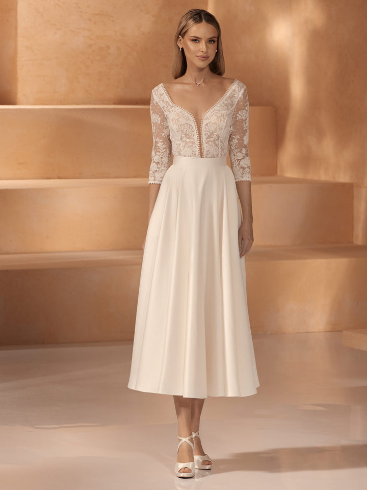 TOP DE MARIÉE E427 EN DENTELLE IVOIRE – MANCHES 3/4 Bianco Evento