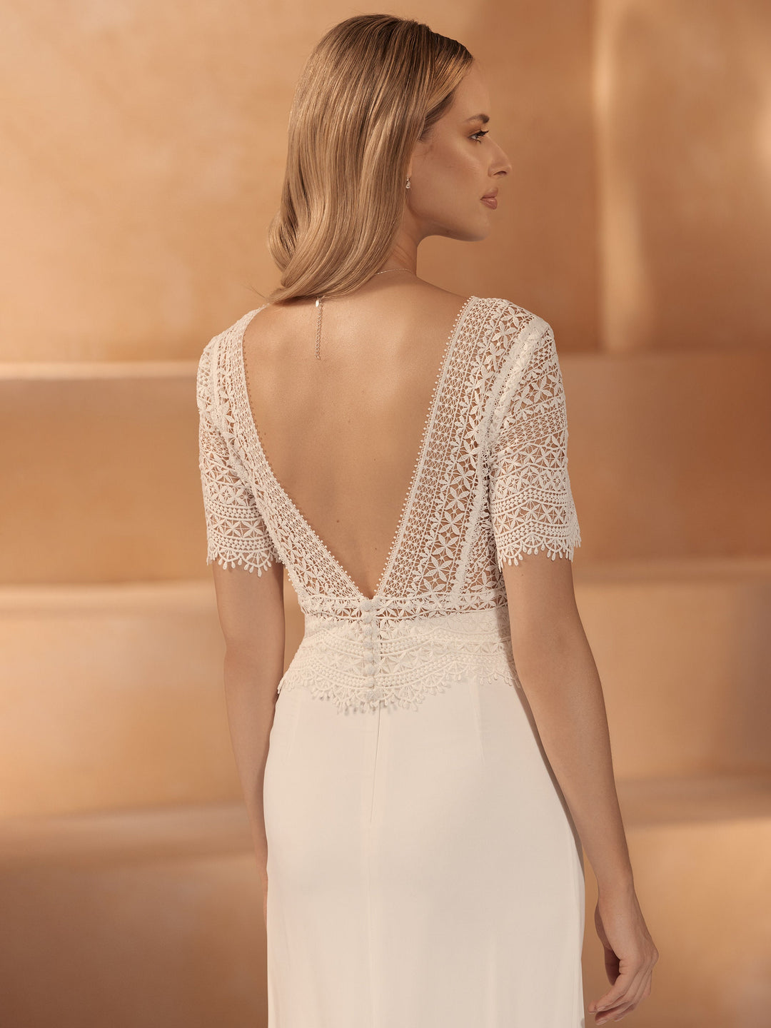 TOP DE MARIÉE E443 EN DENTELLE IVOIRE – MANCHES 3/4 Bianco Evento