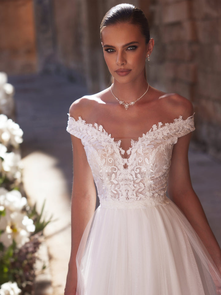 Top de mariée E463 en dentelle ivoire à manches courtes, Bianco Evento