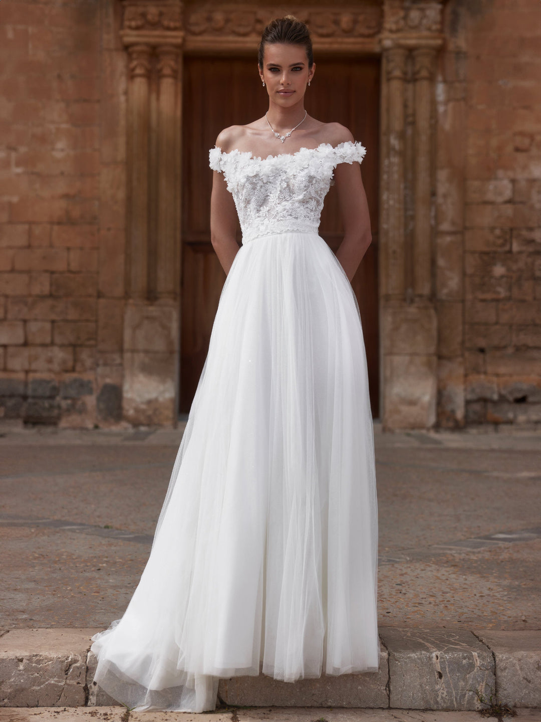 Top de mariée E486 Bianco Evento en dentelle, tenue de mariée deux pièces