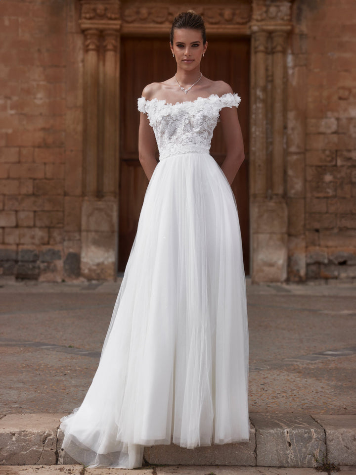 Top de mariée E486 Bianco Evento en dentelle, tenue de mariée deux pièces