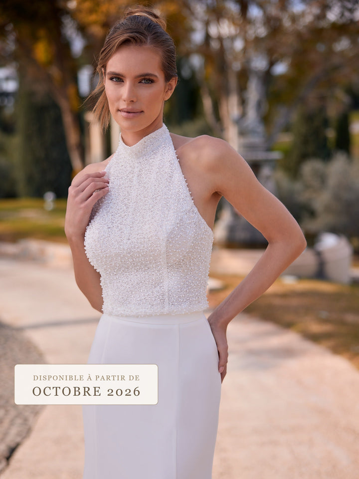 Top de mariée E525 en dentelle perlée ivoire, nouveauté Bianco Evento octobre 2026