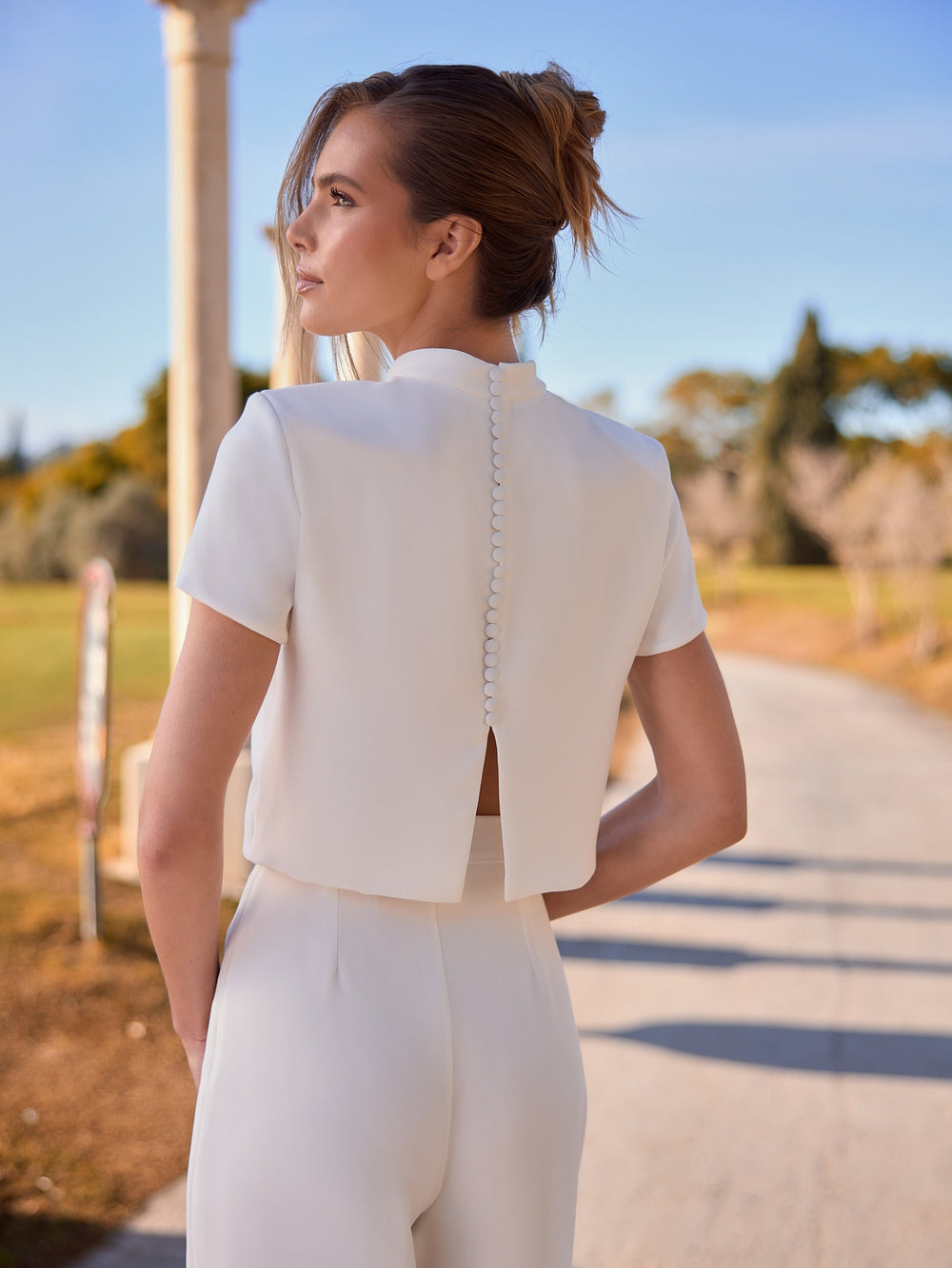 Dos boutonné du top de mariée E539 en crêpe stretch