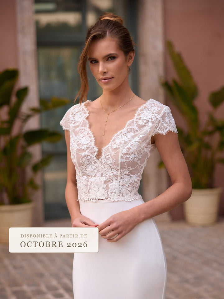 Top de mariée E550 en dentelle ivoire, nouveauté Bianco Evento octobre 2026