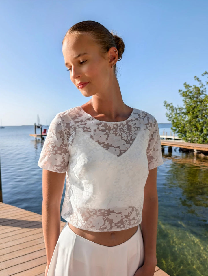 Top de mariée Orel B105 organza fleuri dos boutonné Novias vue 2