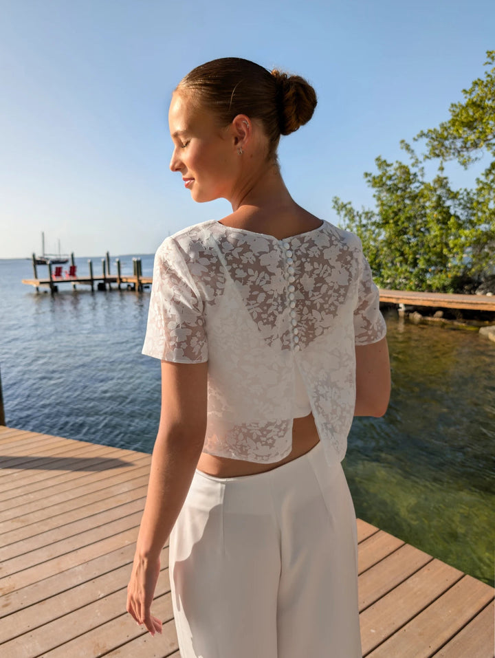 Top de mariée Orel B105 organza fleuri dos boutonné Novias vue 3