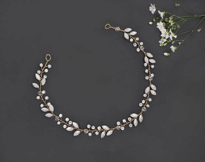 VIGNE CAPILLAIRE MARIAGE CRISTAUX & FEUILLES – PLAQUÉ OR HB221186 G.Westerleigh