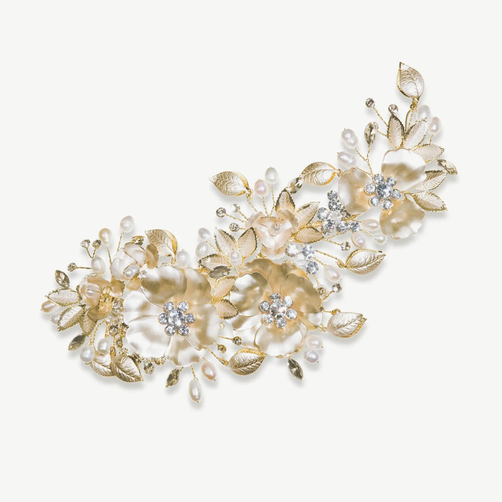VIGNE CAPILLAIRE MARIAGE FLORAL FLORNTINA –  PLAQUÉ OR 14 CARATS & PERLES NATURELLES Ivory and co