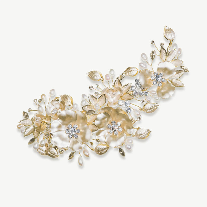 VIGNE CAPILLAIRE MARIAGE FLORAL FLORNTINA –  PLAQUÉ OR 14 CARATS & PERLES NATURELLES Ivory and co