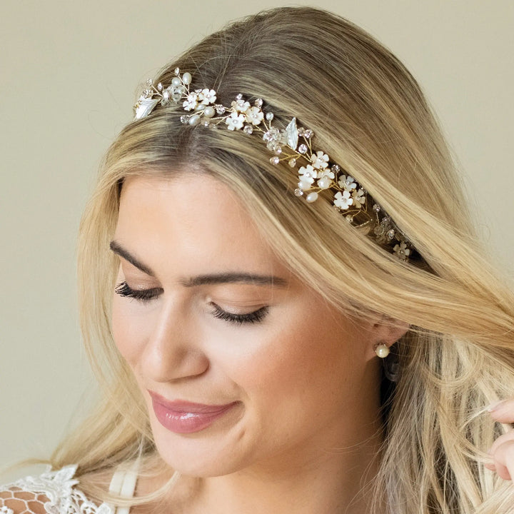 VIGNE CAPILLAIRE MARIAGE PASSION GOLD – OR, CRISTAUX & FLEURS ÉMAILLÉES Ivory and co