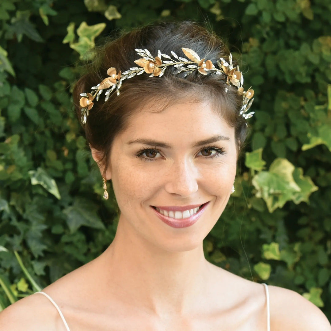 VIGNE DE CHEVEUX CORINTHIA – FEUILLAGE BRONZE, PERLES ET CRISTAUX Ivory and co