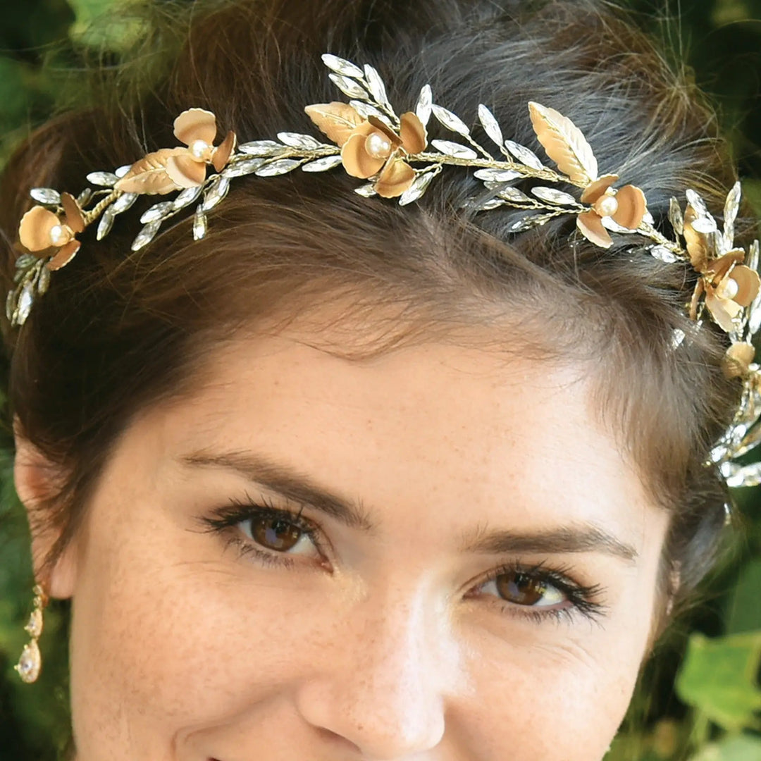 VIGNE DE CHEVEUX CORINTHIA – FEUILLAGE BRONZE, PERLES ET CRISTAUX Ivory and co