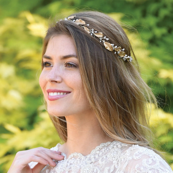 VIGNE DE CHEVEUX CYBELE – FEUILLAGE BRONZE, PERLES D’EAU DOUCE ET CRISTAUX Ivory and co