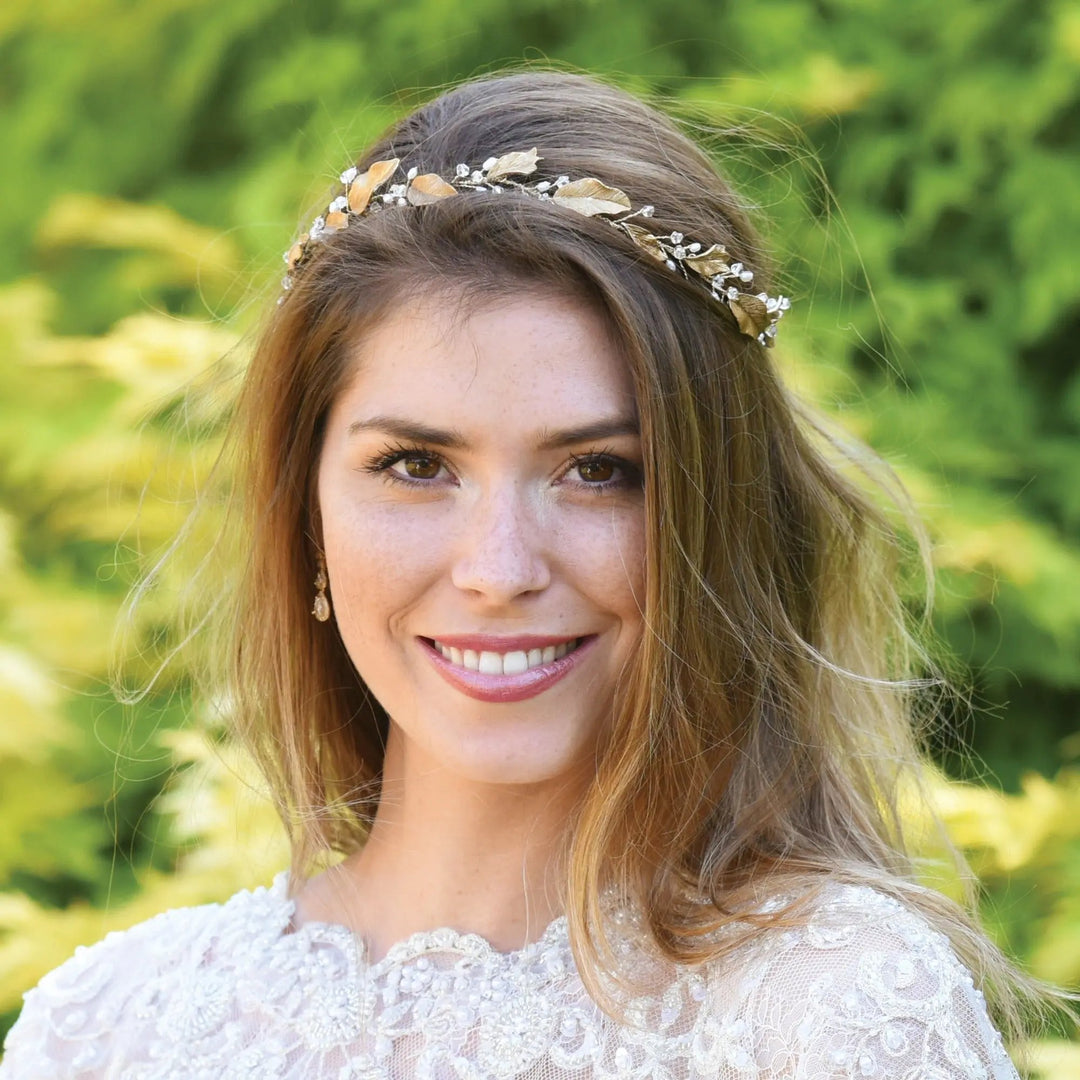 VIGNE DE CHEVEUX CYBELE – FEUILLAGE BRONZE, PERLES D’EAU DOUCE ET CRISTAUX Ivory and co