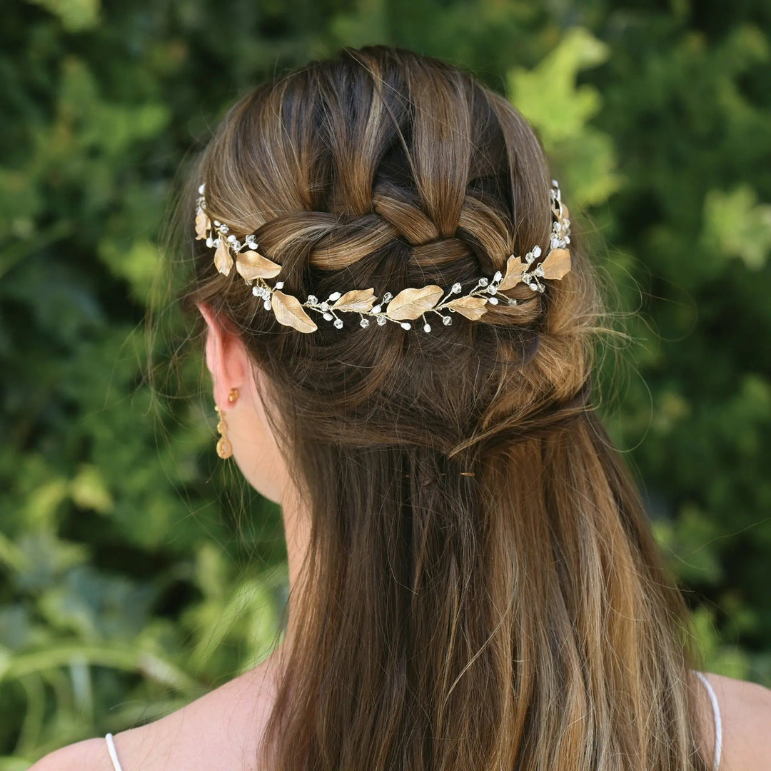 VIGNE DE CHEVEUX CYBELE – FEUILLAGE BRONZE, PERLES D’EAU DOUCE ET CRISTAUX Ivory and co