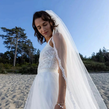 VOILE DE MARIÉE BORDURE EN DENTELLE FINE PERLÉE ESTELLE WD88 Novias