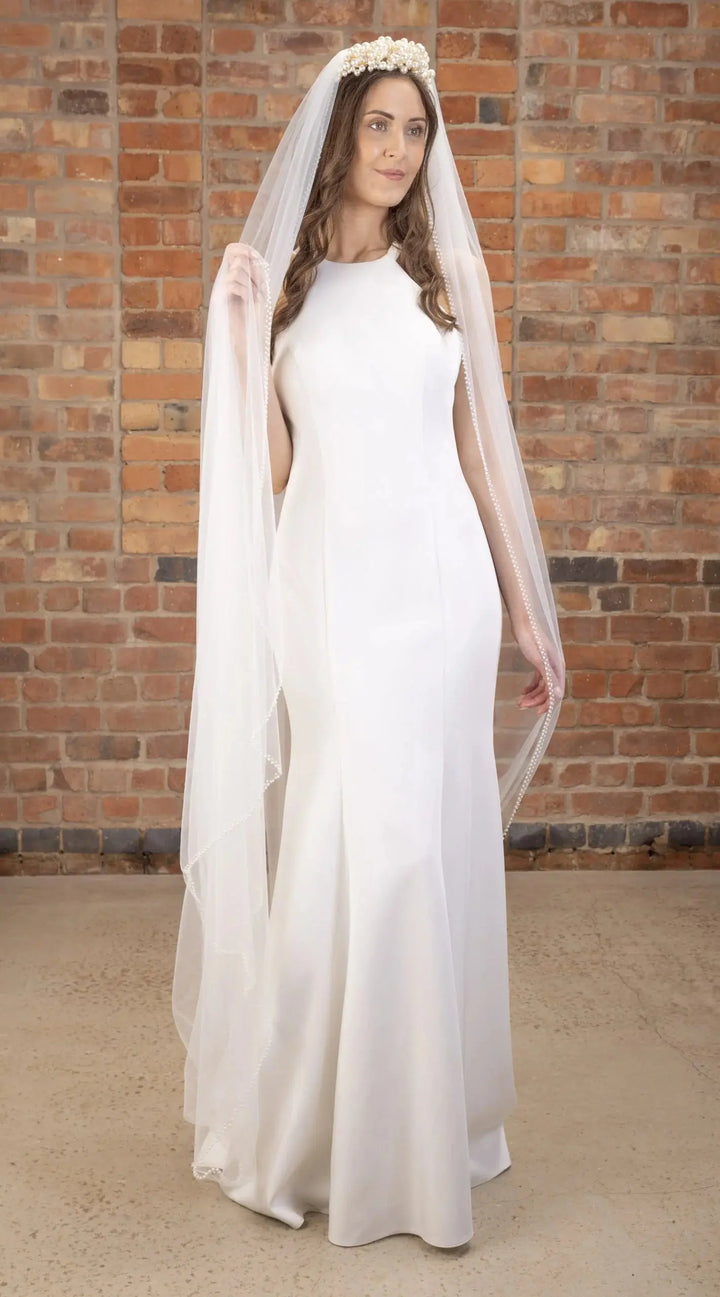 VOILE DE MARIÉE CATHÉDRALE 300 CM EN TULLE IVOIRE À BORDURE PERLÉE | PBV9054 THE PERFECT BRIDAL COMPANY