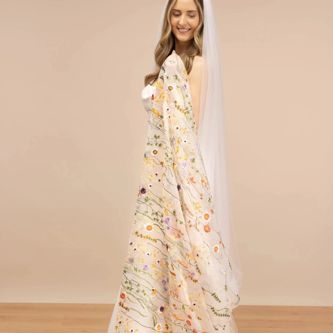 VOILE DE MARIÉE CATHÉDRALE 300 CM EN TULLE IVOIRE BRODÉ FLORAL | PBV9066 THE PERFECT BRIDAL COMPANY