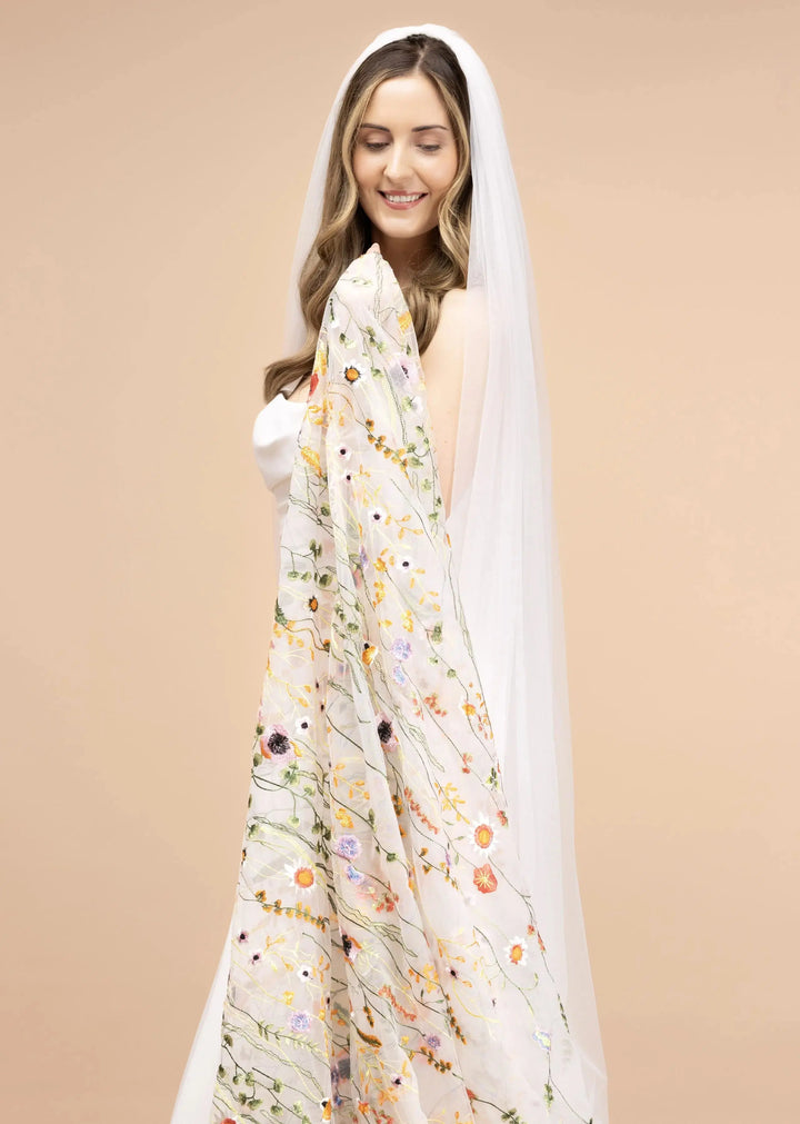 VOILE DE MARIÉE CATHÉDRALE 300 CM EN TULLE IVOIRE BRODÉ FLORAL | PBV9066 THE PERFECT BRIDAL COMPANY