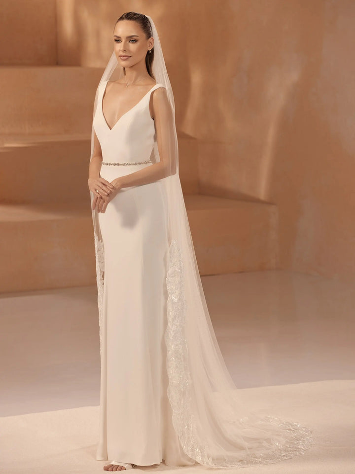 VOILE DE MARIÉE LONG BORDURE DENTELLE REBRODÉE DE SEQUINS – S471 Bianco Evento