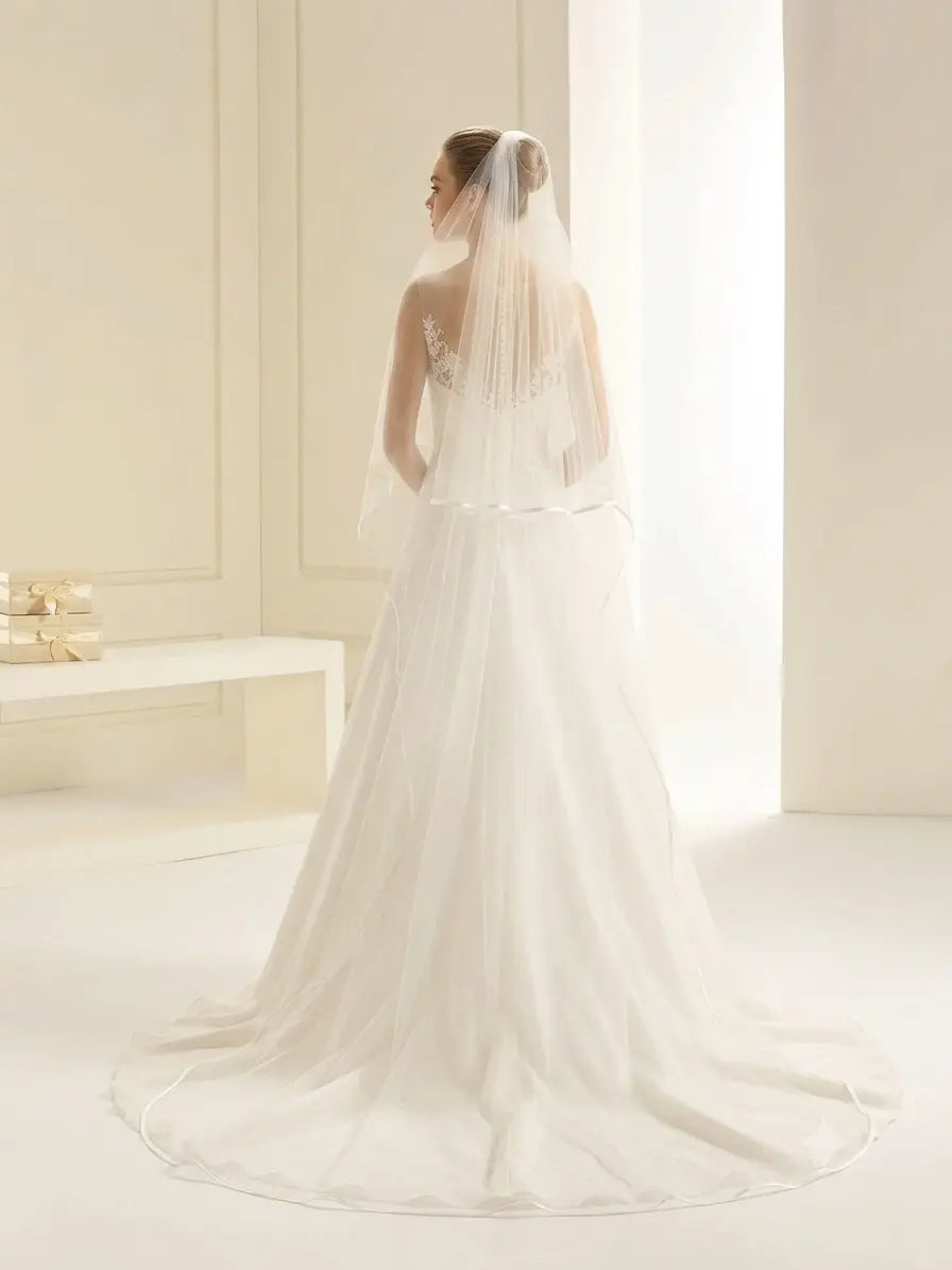 VOILE DE MARIÉE LONG BORDURE SATIN 300 CM AVEC RABAT S241 BIANCO EVENTO