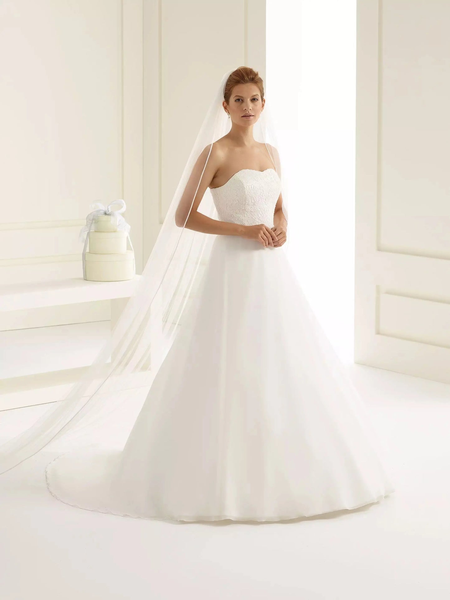 VOILE DE MARIÉE LONG TULLE SOUPLE ET BORDURE SATIN S153 Bianco Evento